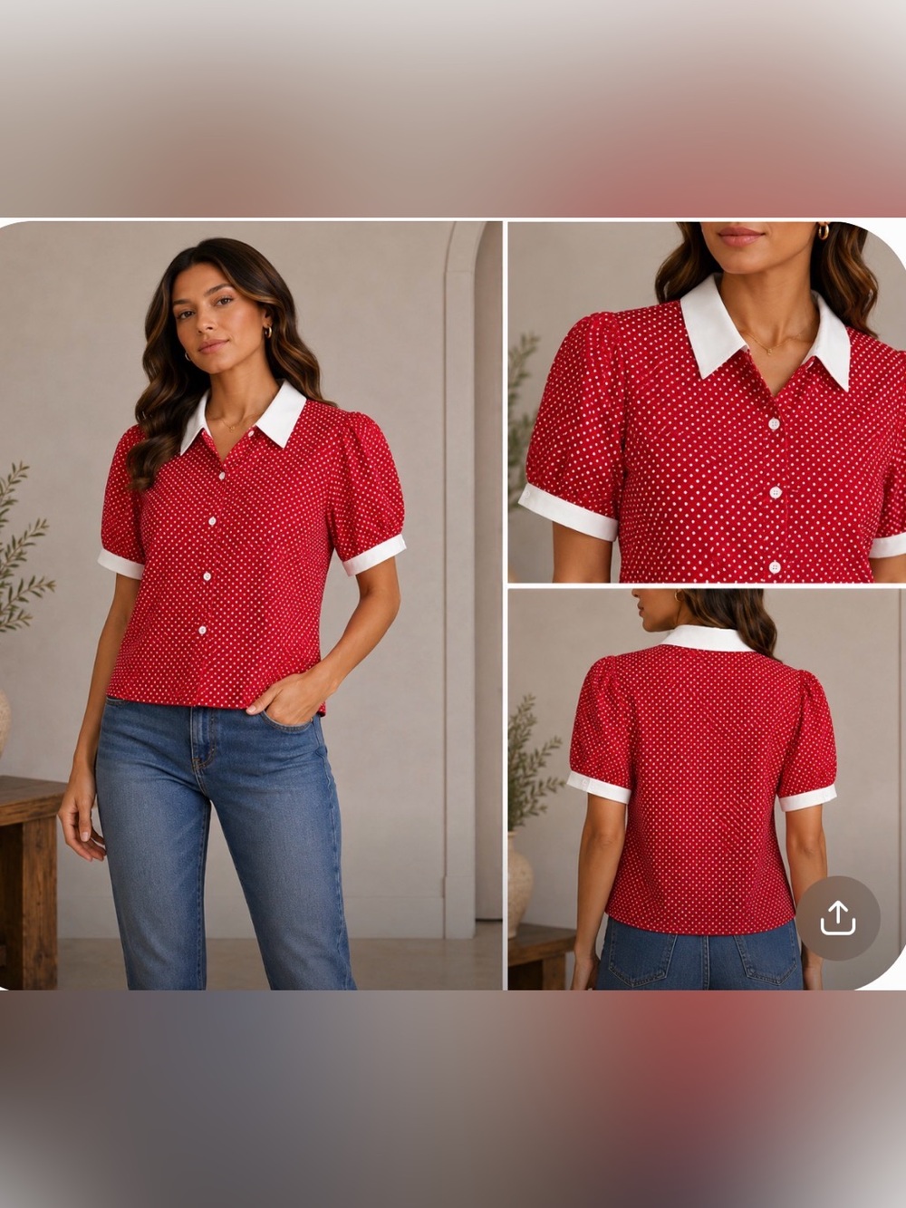 Tulip B Red Polka Dot Short-Sleeve Blouse with White Collar - Picture 2 of 6